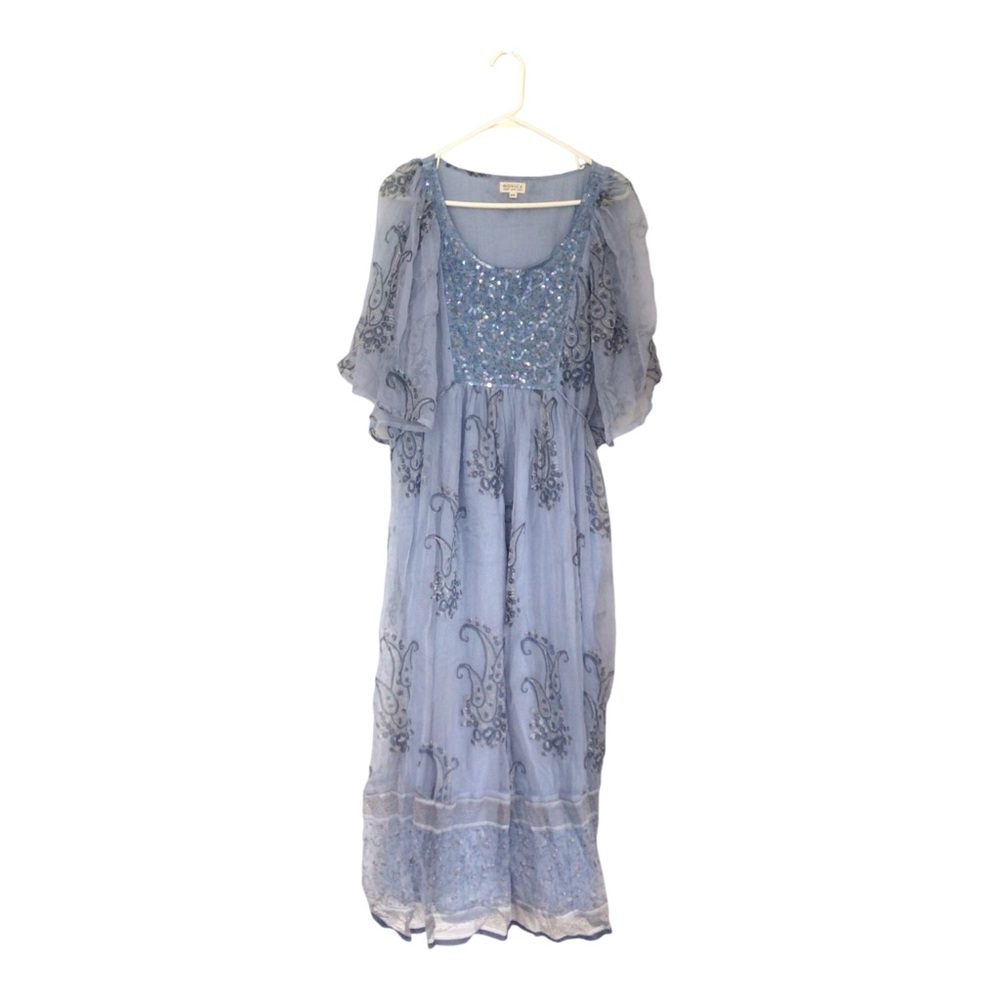 Novica Boho Blue Paisley Indie Pattern Fairy Sequins Flowy Maxi Dress Size XXL
